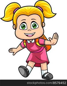 Happy School Girl Cartoon Character With Backpack. Vector Hand Drawn Illustration Isolated On Transparent Background
