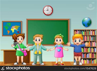 Happy school kids cartoon in a classroom