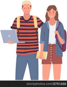 Happy school pupils or college students standing with books. Portrait of smiling people with backpacks. Diverse college, university students, schoolgirl and schoolboy with notebook and laptop studying. Diverse college, university students, schoolgirl and schoolboy with notebook and laptop studying