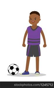 Happy schoolboy with soccer ball,kid character in front view,isolated,flat vector illustration