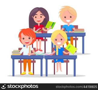 Happy Schoolchildren in Classroom Isolated on White. Happy schoolchildren in classroom isolated on white background. Vector of classmates sitting at desks with piles of books, back to school concept