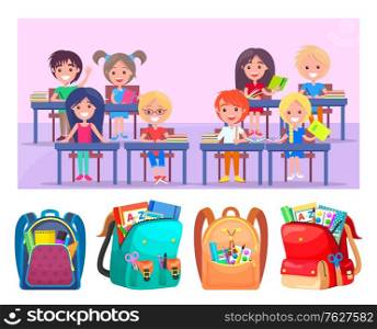 Happy schoolchildren sitting in classroom at lesson. On schooldesks are books and notebooks. Under picture placed backpacks with stationery vector. Back to school concept. Flat cartoon. Schoolchildren Happy Sitting at Desk, Shcoolbags