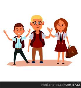 Happy schoolchildren with color schoolbags waving their hands vector illustration on white background. Friendship of two boys and red-haired girl.. Happy Schoolchildren with Bags Waving their Hands