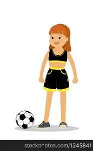 Happy schoolgirl with soccer ball,kid character in front view,isolated,flat vector illustration