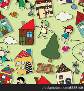 Happy seamless pattern design with playing kids and houses in childlike drawing style