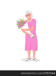 Happy senior caucasian woman with flowers flat color vector detailed character. Congratulate with retirement. Mothers day isolated cartoon illustration for web graphic design and animation. Happy senior caucasian woman with flowers flat color vector detailed character