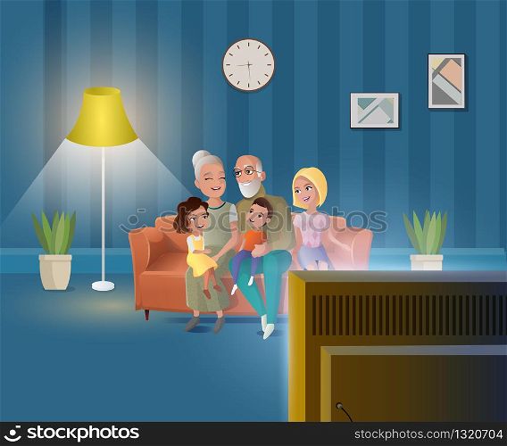 Happy Senior Couple Holding Children on Knees, Watching Evening TV Show while Siting on Sofa in Living Room Cartoon Vector Illustration. Grandparents Playing, Spending Time with Grandchildren at Home