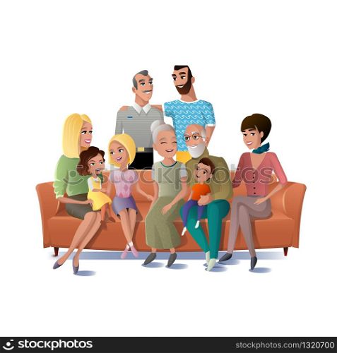Happy Senior Couple Sitting on Sofa, Gathering Together with Their Adult Children and Grandchildren at Home Cartoon Vector Illustration Isolated on White Background. Three Generation of United Family