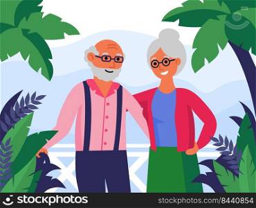 Happy senior couple standing together and hugging. Palms, vacation, senior aged man and woman flat vector illustration. Love, relationships concept for banner, website design or landing web page