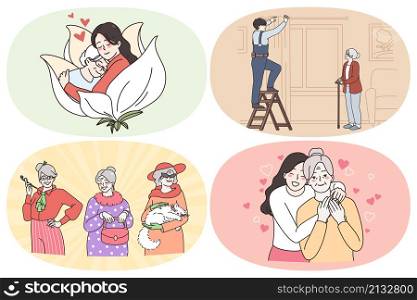 Happy senior people getting support concept. Set of smiling mature people grandparents hugging grandkids having help of workers feeling support and love wearing fashionable clothes vector illustration. Happy senior people getting support concept