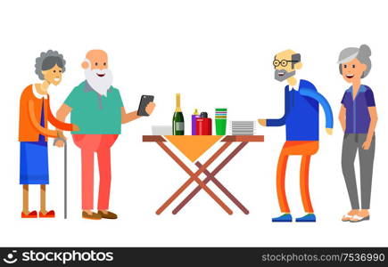 Happy seniors couple enjoying conversation guests or party. Vector illustration in flat style.. Happy seniors couple enjoying conversation with guests