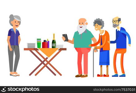 Happy seniors couple enjoying conversation guests or party. Vector illustration in flat style.. Happy seniors couple enjoying conversation with guests