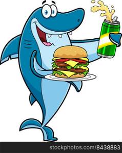 Happy Shark Cartoon Character Showing Big Burger And Holding Beer. Vector Hand Drawn Illustration Isolated On White Background