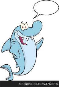 Happy Shark Cartoon Character Waving With Speech Bubble