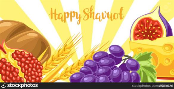 Happy Shavuot greeting card. Holiday background with Jewish festival traditional symbols.. Happy Shavuot greeting card. Holiday background with Jewish traditional symbols.