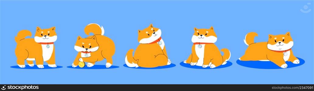 Happy shiba inu dog cartoon character in different poses. Cute funny pet stand, lying, play with ball, sitting. Dogecoin symbol, red-haired Japanese dog portrait, Line art flat vector illustration. Happy shiba inu dog cartoon character poses set