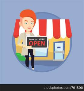 Happy shop owner holding open signboard. Cheerful shop owner standing in front of small store. Woman inviting to come in her shop. Vector flat design illustration in the circle isolated on background.. Female shop owner holding open signboard.