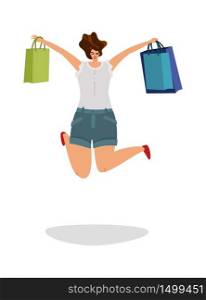 Happy shopper. Young woman jumping with gift bags from store, isolated flat vector consumer concept. Happy shopper. Young woman jumping with gift bags from store, isolated flat vector concept