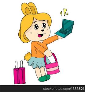 happy shopping from technology. cartoon illustration sticker