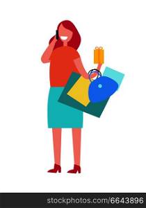 Happy shopping woman talking on phone and standing with bags in her left hand represented on vector illustration isolated on white. Happy Shopping Woman Vector Illustration on White