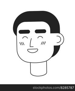 Happy short haired man with closed eyes monochromatic flat vector character head. Black white avatar icon. Editable cartoon user portrait. Lineart spot illustration for web graphic design, animation. Happy short haired man with closed eyes monochromatic flat vector character head