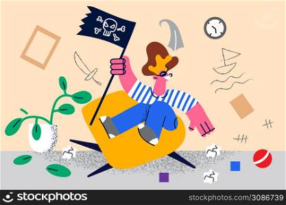 Happy small boy child in pirate costume have fun play alone in dirty room. Smiling naughty playful kid enjoy active game at home. Childhood and parenting concept. Vector illustration. . Happy small boy in pirate costume play at home