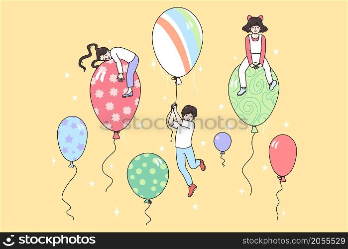 Happy small children fly on colorful balloons in sky enjoy carefree childhood. Smiling little kids boys and girls on bubbles. Concept of childcare happiness. Vector illustration, cartoon character. . Happy children flying on colorful balloons in sky