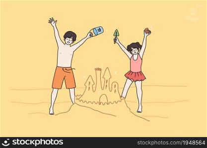 Happy small children play in sand on beach enjoy summer vacation. Smiling little kids boy and girl have fun building castle on seaside on family sea holidays. Childhood concept. Vector illustration.. Happy children have fun play with sand on beach
