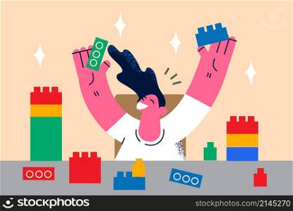 Happy small girl child play with lego contrustion blocks. Smiling little kid have fun build with bricks. Children education and playtime. Hobby and entertainment, leisure time. Vector illustration. . Happy girl kid play with lego construction blocks