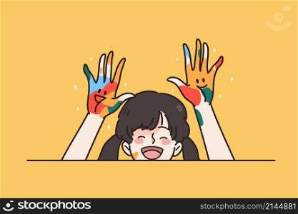 Happy small girl child with dirty hands in paint have fun engaged in artistic hobby activity. Smiling little kid draw with paints enjoy leisure childish game. Art concept. Flat vector illustration. . Smiling girl child with colorful hands from paint
