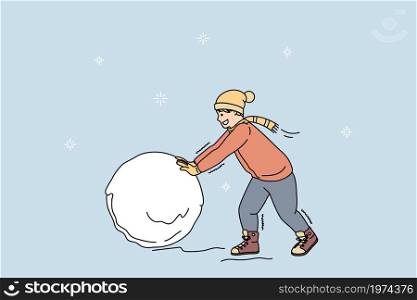Happy small teen boy child in winter clothes have fun make snow ball playing outside alone. Smiling little kid enjoy New Year holidays or vacations. Childhood concept. Flat vector illustration. . Happy little boy child make snow ball