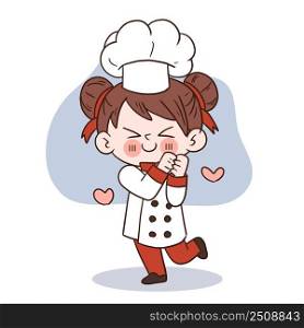 Happy smile little girl chef.kid cooking concept.Doodle hand drawn vector illustration.