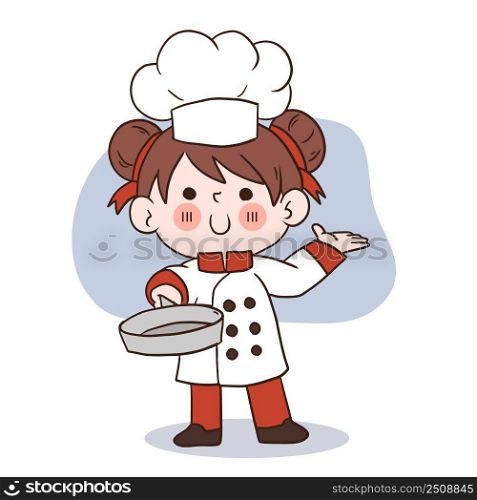 Happy smile little girl chef.kid cooking concept.Doodle hand drawn vector illustration.