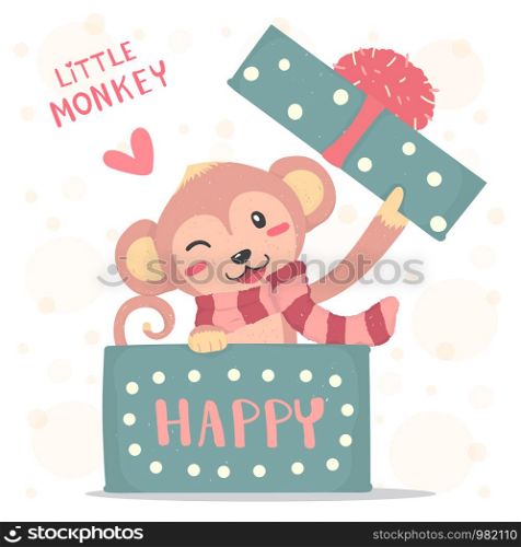 Happy smile little monkey with red scarf pop up in a gift box, flat vector cute cartoon
