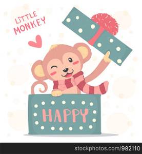 Happy smile little monkey with red scarf pop up in a gift box, flat vector cute cartoon