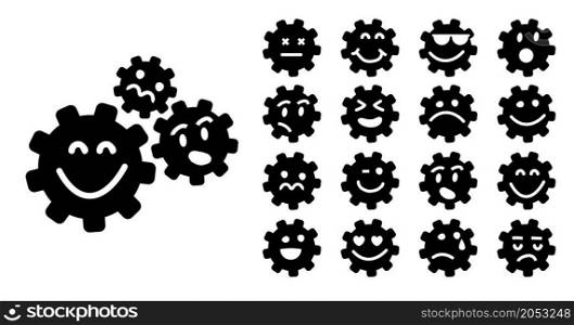 Happy smiley, cogwheels chaos brain. Cogwheel, gear mechanism settings tools. Fun drawing vector gears person icon or sign. Service cog brain pattern or template banner. Think big ideas.