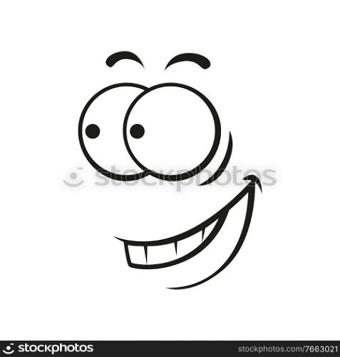 Happy smiley, isolate smiling grimace side view. Vector comic smiley, emoticon with teeth line art. Smiling emoji with toothed smile isolated face