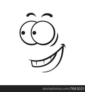 Happy smiley, isolate smiling grimace side view. Vector comic smiley, emoticon with teeth line art. Smiling emoji with toothed smile isolated face