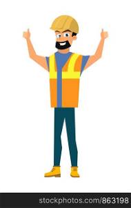 Happy Smiling Bearded Builder, Construction Worker in Uniform and Protective Helmet Shoving Thumbs up Hand Sign Flat Vector Icon Isolated on White Background. Profession and Job Opportunity Concept