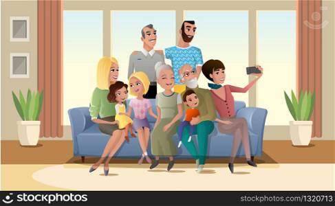 Happy Smiling Big Family Members Gathered Together at Home, Sitting on Sofa in Living Room, Making Selfie Photo, Shooting Group Portrait of Three Generations on Cellphone Cartoon Vector Illustration