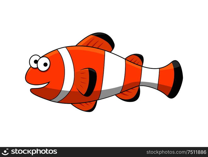 Happy smiling bright tropical clown fish cartoon character with orange, white and black stripes for underwater wildlife or aquarium themes design. Cartoon tropical clown fish character