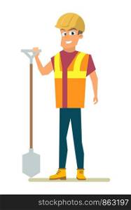 Happy Smiling Builder, Construction Company Worker, Road Repair Service Contractor in Uniform and Protect Helmet Standing with Shovel in Hand Flat Vector Isolated on White Background. Job Opportunity