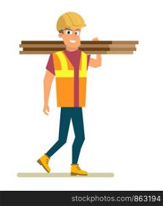 Happy Smiling Builder, Construction Company Workman or Contractor in Uniform and Protective Helmet Carrying Wooden Boards on Shoulder Flat Vector Character Isolated on White Background. Man at Work