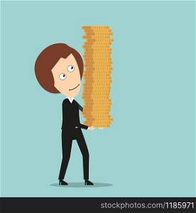 Happy smiling business woman with high stack of gold coins in hands, for wealth or success design. Cartoon flat style . Business woman with stack of coins in hands