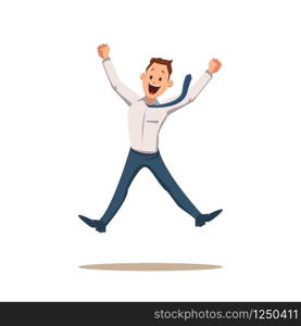 Happy Smiling Businessman Coworker Character Jump. Joyful Office Worker Jumping. Young Funny Man Wearing Formal Outfit Express Emotion with Hand Up. Cartoon Flat Vector Illustration. Happy Smiling Businessman Coworker Character Jump