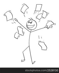 Happy smiling businessman or person throwing papers in air and celebrating , vector cartoon stick figure or character illustration.. Happy Person or Businessman Smiling and Throwing Papers in Air , Vector Cartoon Stick Figure Illustration