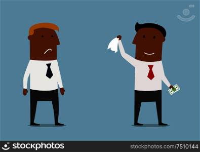 Happy smiling businessman taking money from sad competitor and waving goodbye to him. Concept of business competition and unfair profit. Businessman taking money from competitor