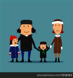 Happy smiling cartoon family in winter wear spending time together on a walk. Parents and children enjoying family time in winter holidays or weekends. Family outdoor activity, happy family time concept design. Happy family in winter wear are walking together