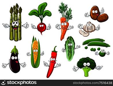 Happy smiling cartoon fresh corn cob and eggplant, sweet orange carrot and green pea, potato and hot red chili pepper, broccoli and radish, crunchy chinese cabbage and bundle of asparagus vegetables. Happy farm vegetables cartoon characters