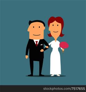 Happy smiling cartoon newly married couple are standing arm in arm. Lovely redhead bride in white wedding dress with flowers in hand and elegant groom in black tuxedo. Great for wedding ceremony, invitation or bridal salon design usage. Just married cartoon bride and groom